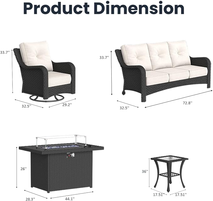 5 Pieces Outdoor Patio Furniture Sets with Rocking Swivel Chairs with 6-inch Thick Cushion and Fire Pit Table for Deck Lawn-VerdiqueGarden