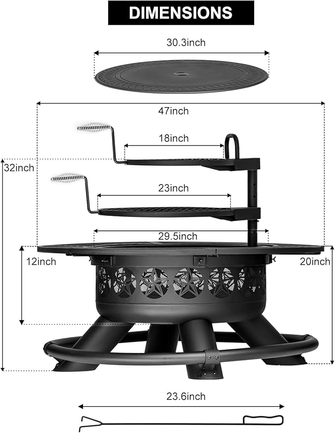 47 Inch Outdoor Fire Pit with 2 Grills, Extra Large BBQ Firepits for Outside, Metal Round Fire pits with Lid&Fire Poker,3 in 1 Wood Burning Outdoor Fireplaces for Backyard,Patio,Bonfire-VerdiqueGarden