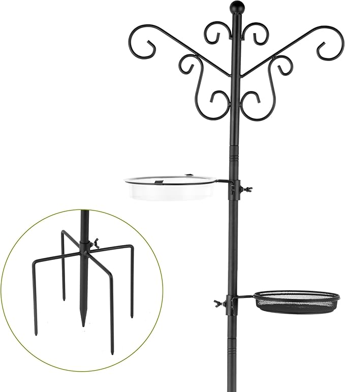 MIXXIDEA Bird Feeding Station Bird Feeder Pole with 5-Prong Base Hanging Hooks Water Bath Mesh Tray Wind-Resistant Water Bowl with Metal Snap Fastening for Outdoors to Attract Wild Birds-VerdiqueGarden