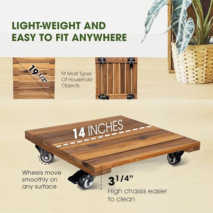 Idzo 2-Pack 14 Inch Wood Plant Caddy with Wheels Heavy Duty, 264 lbs Acacia Hardwood Plant Caster Dolly Rolling Stand with 360° Lockable Wheels for Heavy Plant Pots and Outdoor Use-VerdiqueGarden