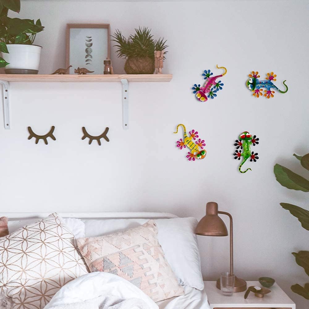 hogardeck Metal Gecko Outdoor Wall Decor, 4 Pack Lizard Art Garden Sculptures & Statues with Shaking Head Spring Decor for Front Yard Fence Patio-VerdiqueGarden