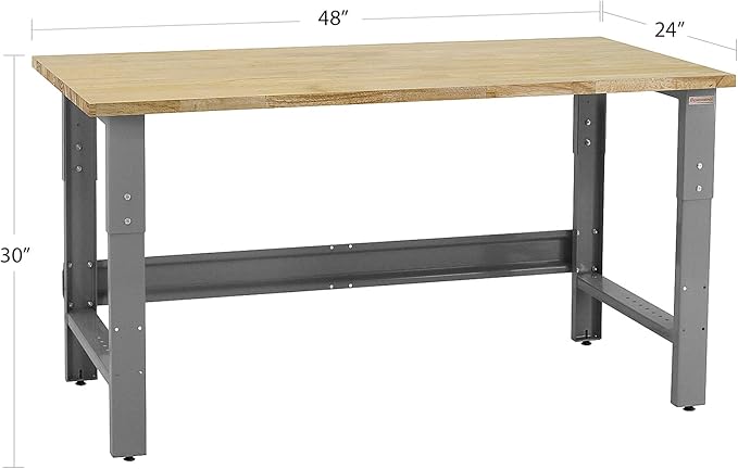 Table & Workbench: 1" Thick Solid Wood Oiled Butcher Block Top, Height Adjustable 24" D x 48" L x 30" - 36" H - by BenchPro-VerdiqueGarden
