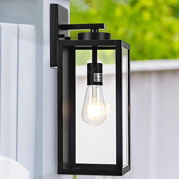 Outdoor Wall Light Fixture, Large 16" Exterior Black Lantern Waterproof, Farmhouse Porch Sconce Lighting with Glass, Modern Wall-Mounted Outside Lights for House, Garage, Patio Lamp-VerdiqueGarden