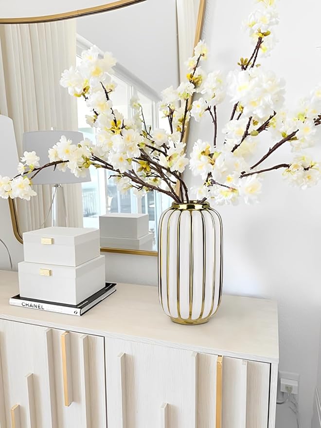 Briful Gold Plated Lantern Ceramic Vase Home Decor Creative Design Porcelain Decorative Flower Vase 11.02'' White Ceramic Vases for Wedding Anniversary Decoration-VerdiqueGarden