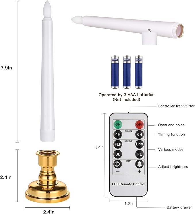 JOSU Taper Battery Operated Candles: 8PCS Flickering Flameless Candles with Timer - 3D Wick Fake Window Candle Outdoor +8 Gold Candlesticks, for Home Decor & Festival Celebration-VerdiqueGarden