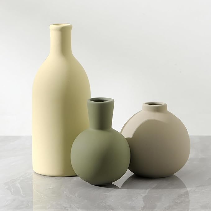 Vase Set of 3, Ceramic Vases Home Decor Flower Decorative Table Decor Vase Pottery Neutral Vases for Tray Table Mantel Living Room Kitchen Bedroom Bathroom Entryway -Light Color-VerdiqueGarden