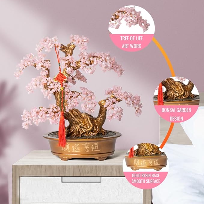 Natural Rose Quartz Gemstone Crystal Bonsai Tree of Life(1,350 Gemstone Count) Large Feng Shui Money Chakra Tree for Luck and Wealth Decoration 20 Inches-VerdiqueGarden