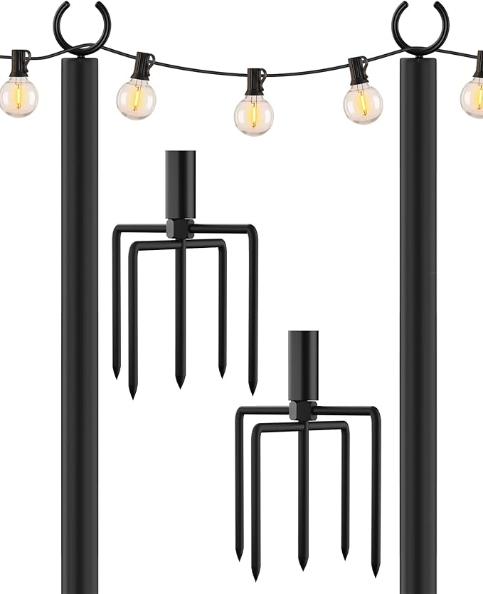 LAND·VOI Metal String Light Poles for Outside Hanging - Backyard, Garden, Patio, 1 Pack Lighting Stand with Adjustable Height for Outdoor Parties, Wedding, Extra-Long 5-Prong Claws, (9.6FT) FLP01B-VerdiqueGarden