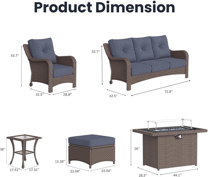 7 Pieces Outdoor Patio Furniture Sets with Single Chairs with 6-inch Thick Cushion and Fire Pit Table for Deck Lawn-VerdiqueGarden