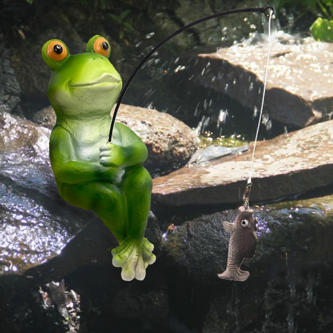 Frog Fishing Statue Garden Decor – 9.8" Weatherproof Resin Frog Fishing Sculpture Decor for Fish Ponds, Koi Ponds, Waterfalls, Poolside & Outdoor Gardens– Resin Figurine for Indoor & Outdoor Décor-VerdiqueGarden