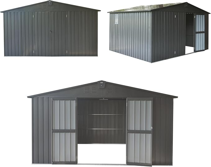 Domi Outdoor Storage Shed 11' x 9', Metal Steel Utility Tool Shed Storage House with Double Lockable Doors & Air Vents for Backyard Patio Garden Lawn Dark Grey-VerdiqueGarden