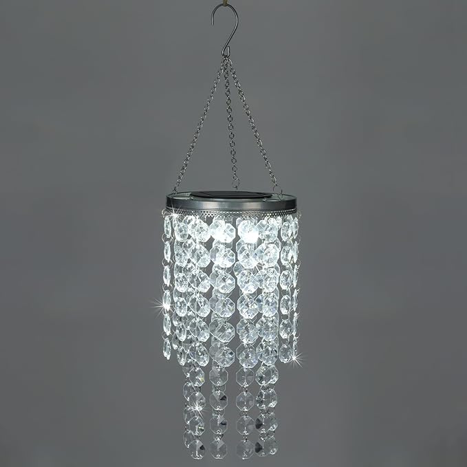 Hanging Solar Crystal Chandelier Outdoor, 21” Modern Solar Transparent Acrylic Beaded Lantern with Cool White LED S Hooks for Garden Yard Patio Gazebo Outside Decor-VerdiqueGarden