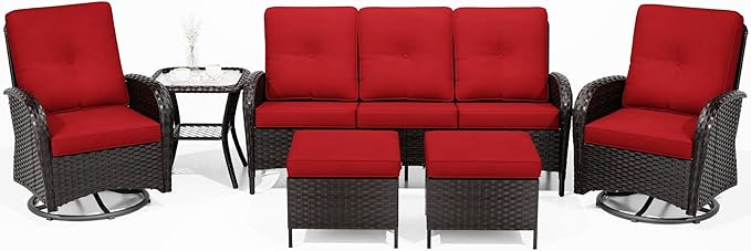 Joyside 6 Piece Patio Furniture Set, Outdoor Wicker Conversation Sets with Swivel Rocker Chairs and Sofa, Thick Cushion, Rattan Patio Sectional for Porch, Deck Use (Brown/Red, 6 PCS)-VerdiqueGarden