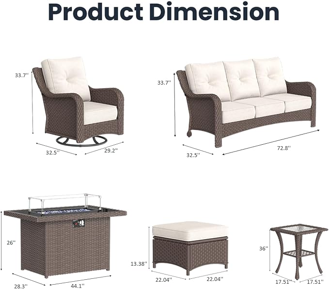 7 Pieces Outdoor Patio Furniture Sets with Rocking Swivel Chairs with 6-inch Thick Cushion and Fire Pit Table for Deck Lawn-VerdiqueGarden