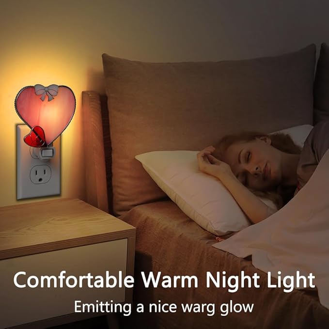 KY&BOSAM Plug in Pink Heart Night Light Stained Glass Nightlight Decorative Wall Night lights with On/Off Switch Come with 7 Watt Bulb Mother`s Christmas Valentine`s Holiday Spring & Winter Home Decor-VerdiqueGarden