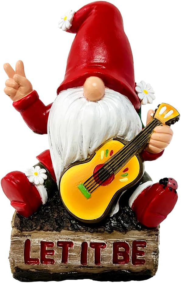 Hippy Gnome with Guitar Garden Statue, Unique Flowers and Peace Sign-VerdiqueGarden