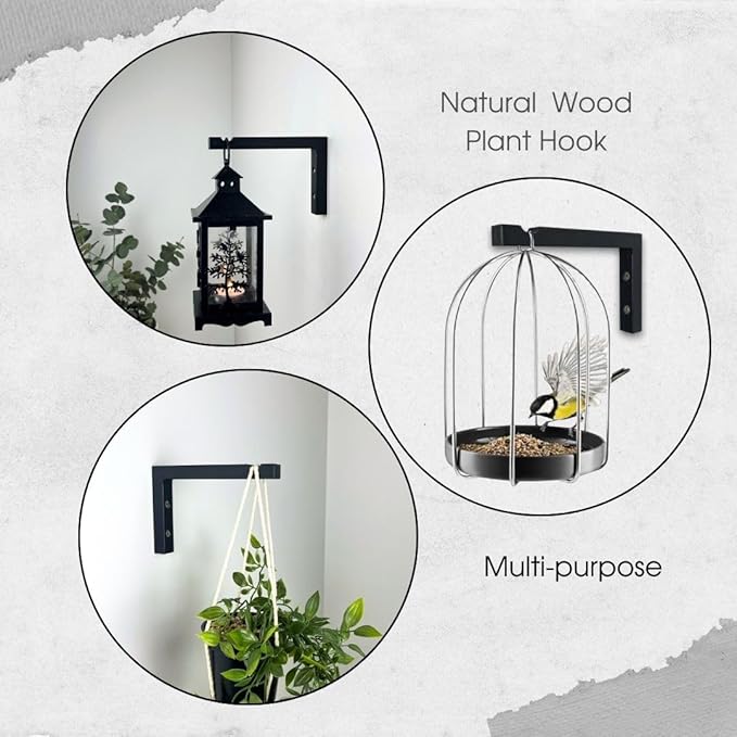 2-Piece Set of Plant Hooks for Wall 6 Inch - L-Shaped Mounted Wooden Plant Hook - Indoor and Outdoor Bracket Plant Hanger for Planters, Lanterns, Bird Feeders and Plant Basket (Black)-VerdiqueGarden