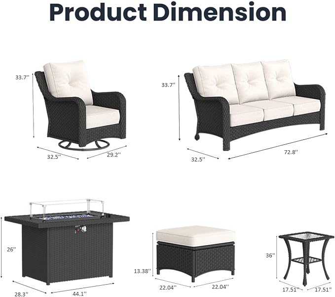8 Pieces Outdoor Patio Furniture Sets with Rocking Swivel Chairs with 6-inch Thick Cushion and Fire Pit Table for Deck Lawn-VerdiqueGarden