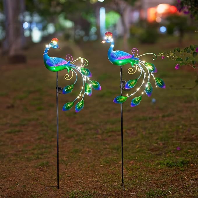 DREAMSOUL 2 Pack Peacock Solar Lights Outdoor Waterproof, Metal Outdoor Solar Lights for Yard Garden Peacock Decor-VerdiqueGarden