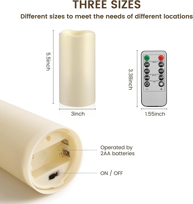 Waterproof Flameless Remote Control Candles 2PACK(D3''*H5.5'')Battery Operated Flickering LED Pillar Candle,plastic with 10-Key 24Hours Timer for Outdoor/Indoor Party Garden Lanterns Porch Ivory-VerdiqueGarden