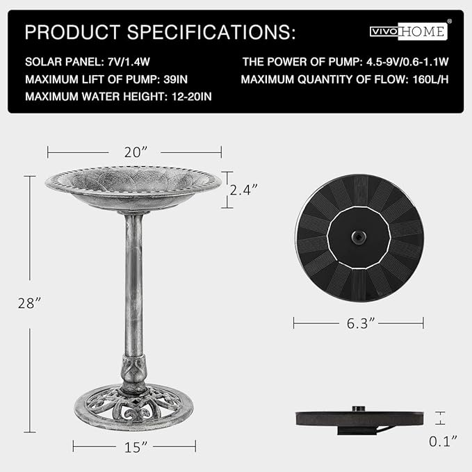 VIVOHOME Polyresin Antique Outdoor Gray Garden Bird Bath and Solar Powered Round Pond Fountain Combo Set-VerdiqueGarden