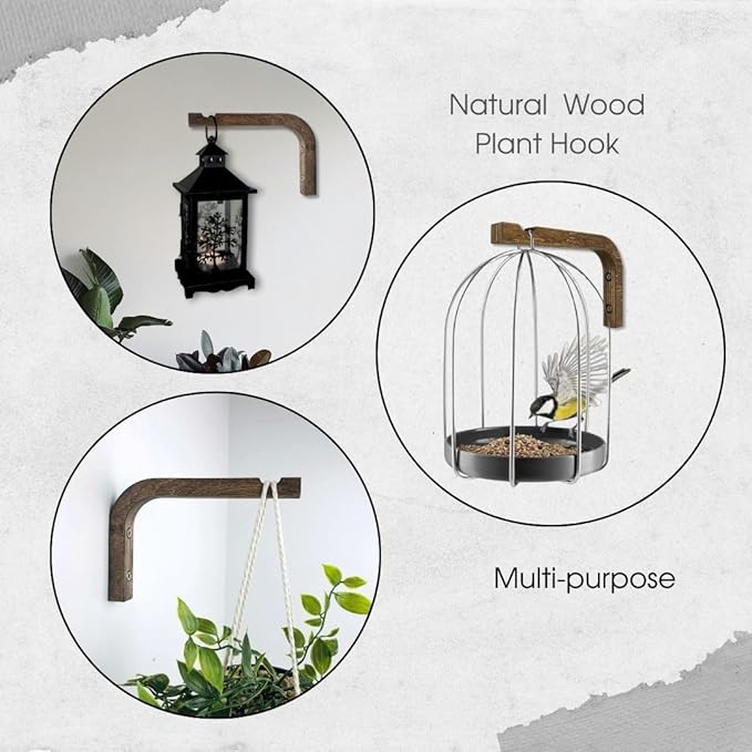 2-Piece Set of Plant Hooks for Wall 6 Inch - Mounted Wooden Plant Hook - Indoor and Outdoor Bracket Plant Hanger for Planters, Lanterns, Bird Feeders, Patio Decorations (Walnut)-VerdiqueGarden