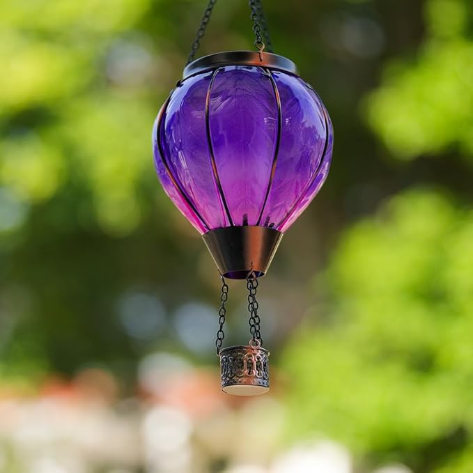 Starsoul Purple Hot Air Balloon Solar Lantern with Flickering Flame Light Glass Solar Powered Hot Air Balloon Lamp Waterproof Hanging Hot Air Balloon Led Lights-VerdiqueGarden