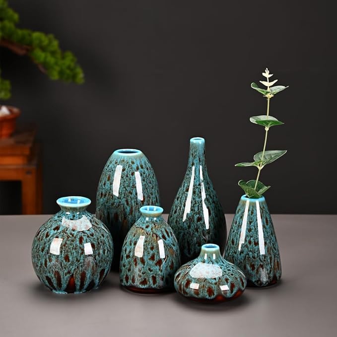 Ceramic Bud Vase Set, Fambe Blue Glazed Finish, Decorative Flower Vases (Blue-Set of 6)-VerdiqueGarden