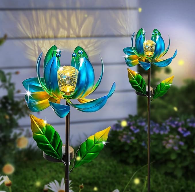 Solar Yard Lights Wind Spinners- Metal Lotus Flower Garden Decor LED Crackle Glass Globe Yard Art Sculpture Solar Stake Lights for Patio Pathway Lawn Walkway-VerdiqueGarden