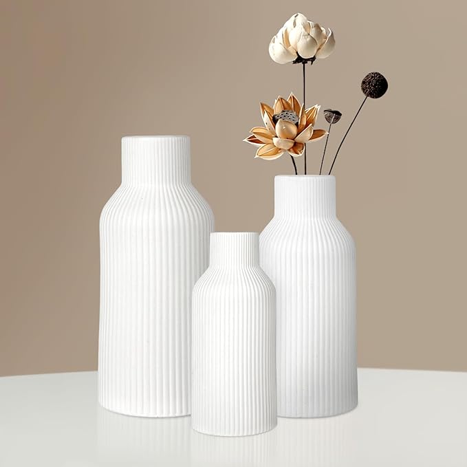 Ceramic Vase Set of 3, White Vase for Modern Home Decor, Decorative Vases for Bouquet Pampas Grass Dried Flowers, Living Room, Bedroom, Bathroom, Shelf Centerpiece Table Decorations-VerdiqueGarden