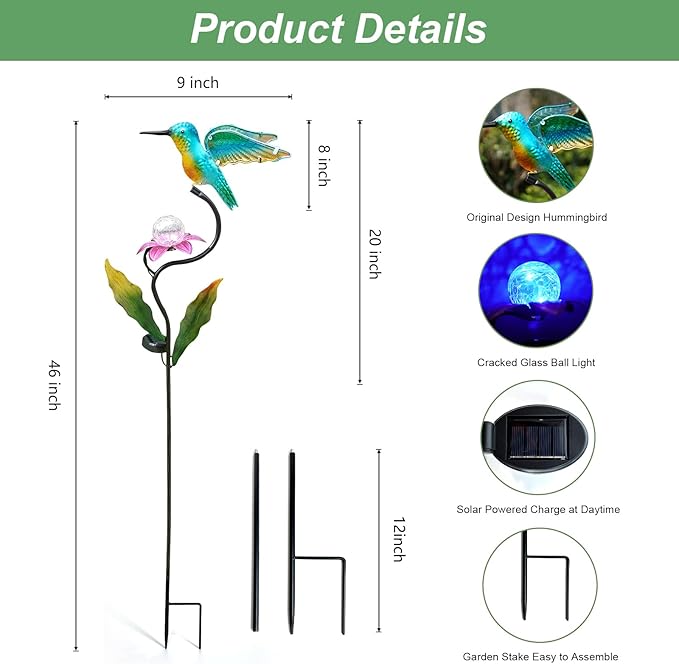HONGLAND Outdoor Solar Lights for Garden Decor - 46 Inch Hummingbird Solar Lights for Outside, Solar Hummingbird Decorative Garden Stakes for Lawn Patio Yard-VerdiqueGarden