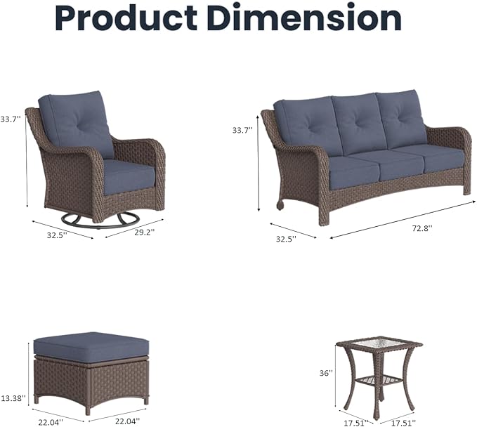 7 Pieces Outdoor Patio Furniture Sets with Rocking Swivel Chairs with 6-inch Thick Cushion and Side Table for Deck Lawn-VerdiqueGarden