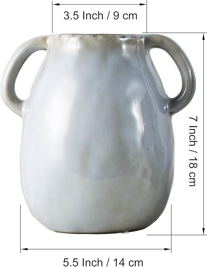 Gray Ceramic Vase with 2 Handles, Modern Farmhouse Decor, Rustic Terracotta Pottery, Decorative Flower Vases, Clay Small Vase, Centerpiece for Dining Table - 7 Inch Tall-VerdiqueGarden