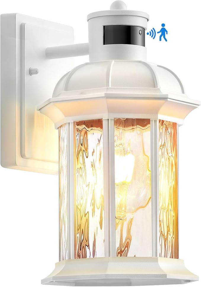 VIANIS White Motion Sensor Exterior Wall Light Lantern, Modern Dusk to Dawn Outdoor Porch Light Fixtures Wall Mount, Waterproof Outdoor Wall Sconce for Garage Entrance with Tempered Water-Ripple Glass-VerdiqueGarden