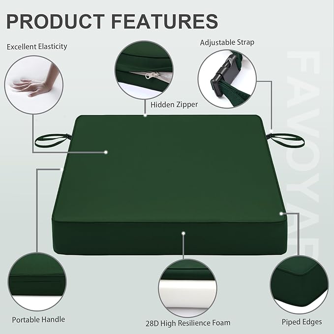 Favoyard Patio Chair Cushions 20 x 20 x 3 Inch Waterproof Outdoor Seat Cushions for Patio Furniture 3-Year Color Fastness Garden Sofa Couch Chair Pads with Handle & Adjustable Straps Set of 2, Green-VerdiqueGarden