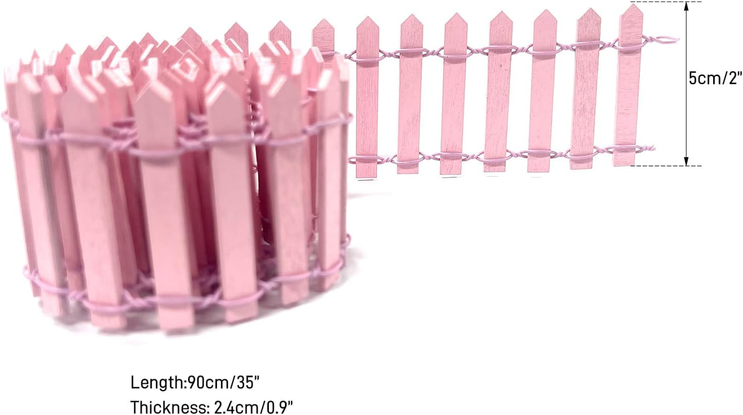35 Inches Mini Fairy Garden Fence DIY Small Wood Decorative Picket Fence Micro Landscape Miniature Ornaments for Dollhouse, Crafts, Diorama Project, Plant Pot, Pink-VerdiqueGarden