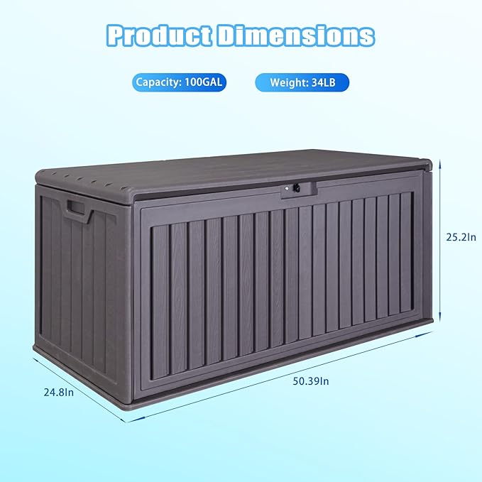 100 Gallon Waterproof Outdoor Storage Box, Outside Resin Deck Box for Patio Cushions, Garden Tools and Sports Pools Equipment-VerdiqueGarden