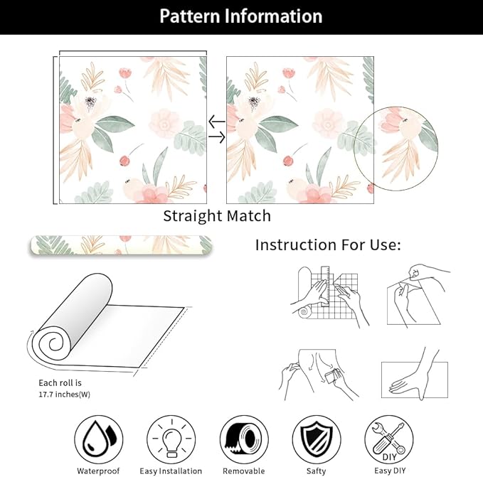 Neutral Green Leaves Pink Poppy Floral Peel and Stick Wallpaper Self Adhesive Removable Easy Peel Off Stick on Wall Paper for Bedroom Cabinet Renter-VerdiqueGarden