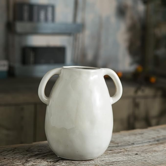 White Ceramic Vase with 2 Handles, Modern Farmhouse Decor, Rustic Terracotta Pottery, Decorative Flower Vases, Clay Small Vase, Centerpiece for Dining Table - 7 Inch Tall-VerdiqueGarden