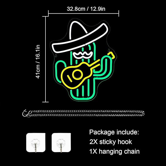 WLHOPE Cactus Neon Sign Cowboy Hat Neon Signs Green Led Neon Signs for Wall Decor, Guitar Cactus Neon Led Signs USB Anime Neon Light for Bedroom Game Room Kids Room Home Bar Party Shop Gift-VerdiqueGarden