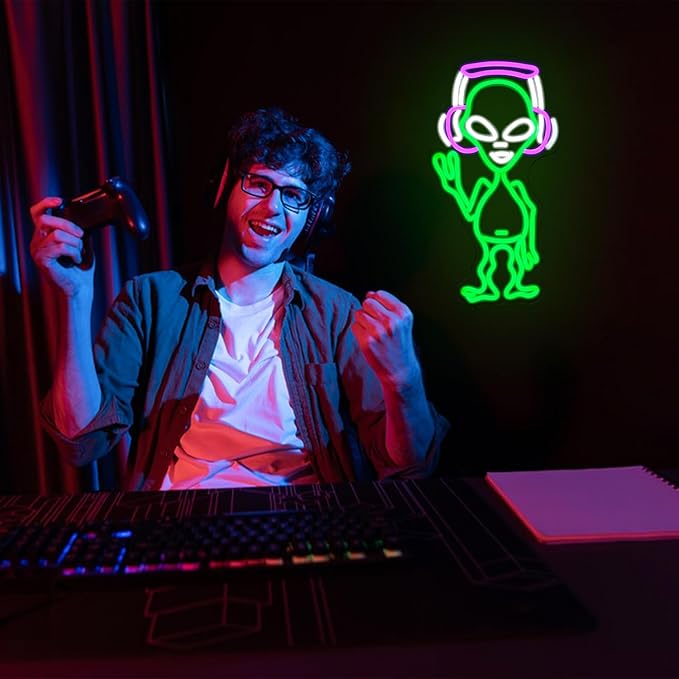 Alien Neon Sign for Wall Decor - Green Music Neon Light Dimmable Cool LED Light Up Sign for Music Studio, Game Room, Party, Bar, Man Cave Decoration-VerdiqueGarden