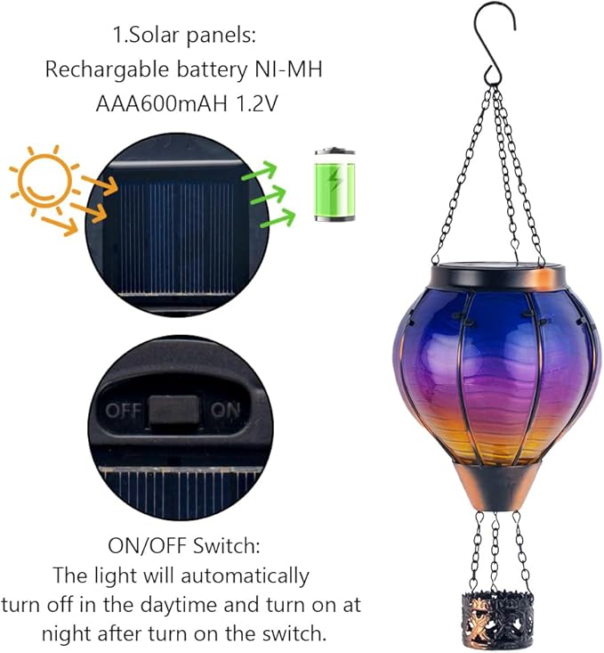 Starsoul 2 PC Starsoul 2 PC Glass Solar Hot Air Balloon Flickering Flame Hanging Garden Light Purple Waterproof Hot Air Balloon Solar Lantern with Large Basket-VerdiqueGarden