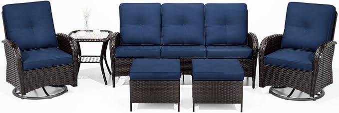 Joyside 6 Piece Patio Furniture Set, Outdoor Wicker Conversation Sets with Swivel Rocker Chairs and Sofa, Thick Cushion, Rattan Patio Sectional for Porch, Deck Use (Brown/Blue, 6 PCS)-VerdiqueGarden