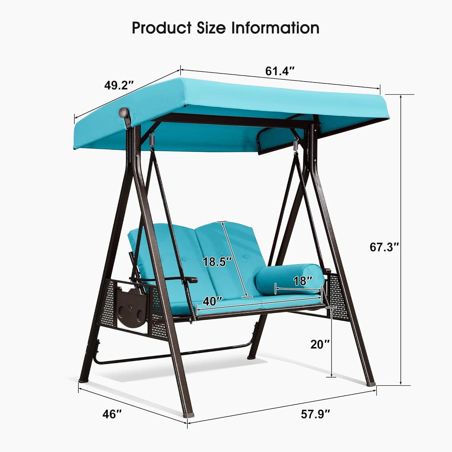 PURPLE LEAF 2-Seat Deluxe Outdoor Patio Porch Swing with Weather Resistant Steel Frame, Adjustable Tilt Canopy, Cushions and Pillow Included, Turquoise Blue-VerdiqueGarden