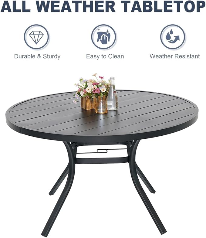 Round Outdoor Dining Table, 48-inch All-Weather Patio Table with Adjustable Umbrella Hole for Deck Lawn Garden Backyard Balcony Deck, Black Metal Frame Slatted Tabletop-VerdiqueGarden