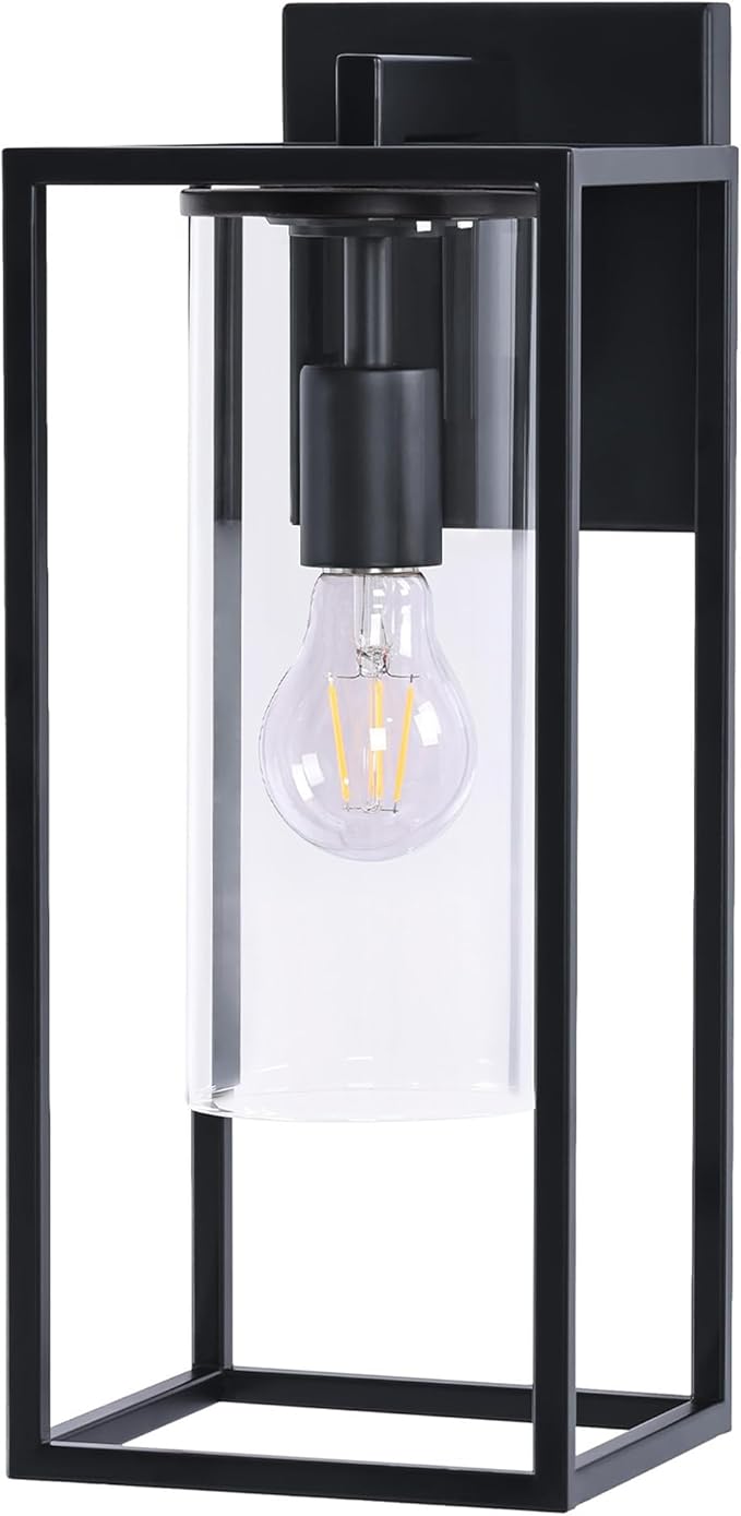15.7 Inch Outdoor Wall Lights, Outdoor Wall Lantern with Circular Clear Glass Shade, Waterproof Exterior Lighting Fixtures, Modern Front Porch Lighting for House, Garage, E26 Base, ETL Listed, Black-VerdiqueGarden