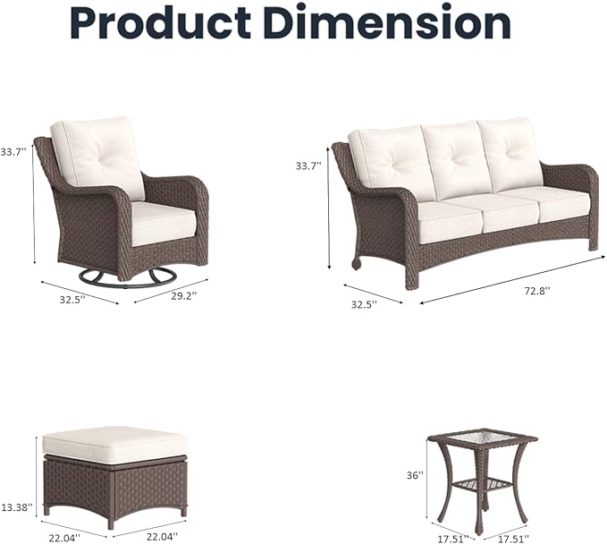 6 Pieces Outdoor Patio Furniture Sets with Rocking Swivel Chairs with 6-inch Thick Cushion and Side Table for Deck Lawn-VerdiqueGarden