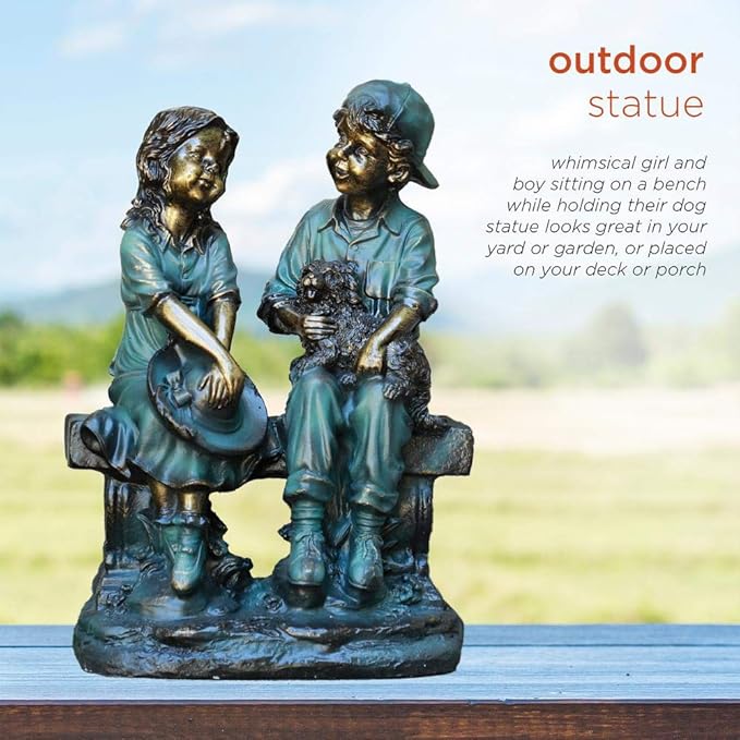 Alpine Corporation 16" Tall Indoor/Outdoor Girl and Boy Sitting on Bench with Puppy Statue Yard Art Decoration-VerdiqueGarden