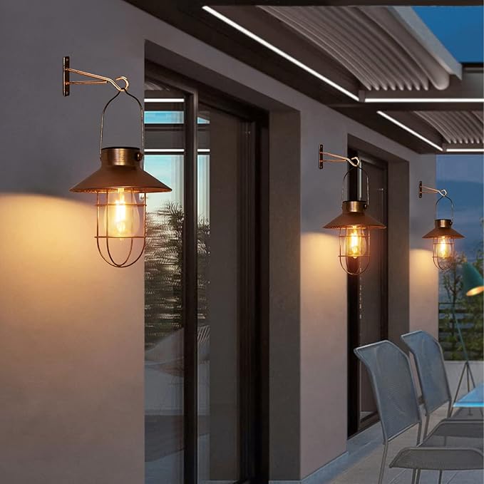 pearlstar Solar Lanterns Outdoor Metal Solar Powered Hanging Lights Waterproof for Barn Wall Yard Garden Patio Garage Balcony Porch Fence Decor, Warm White Edison Bulb (Copper-2pack)-VerdiqueGarden