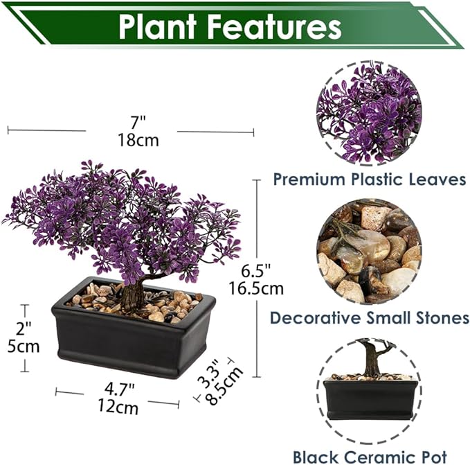 Artificial Bonsai Tree Juniper Faux Plants Indoor Fake Plants Decor with Black Ceramic Pots for Home Table Office Desk Bathroom Shelf Bedroom Living Room Farmhouse Decorations-Purple-VerdiqueGarden